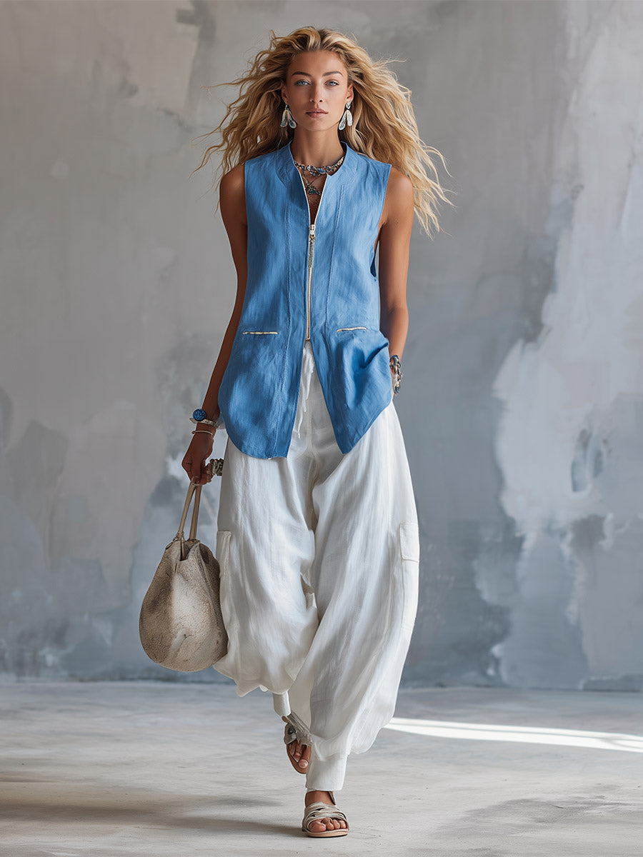 Stylish Casual Blue Vest &amp; White Cargo Pants Cotton-Linen Set