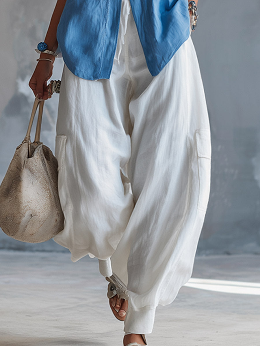 Stylish Casual Blue Vest &amp; White Cargo Pants Cotton-Linen Set