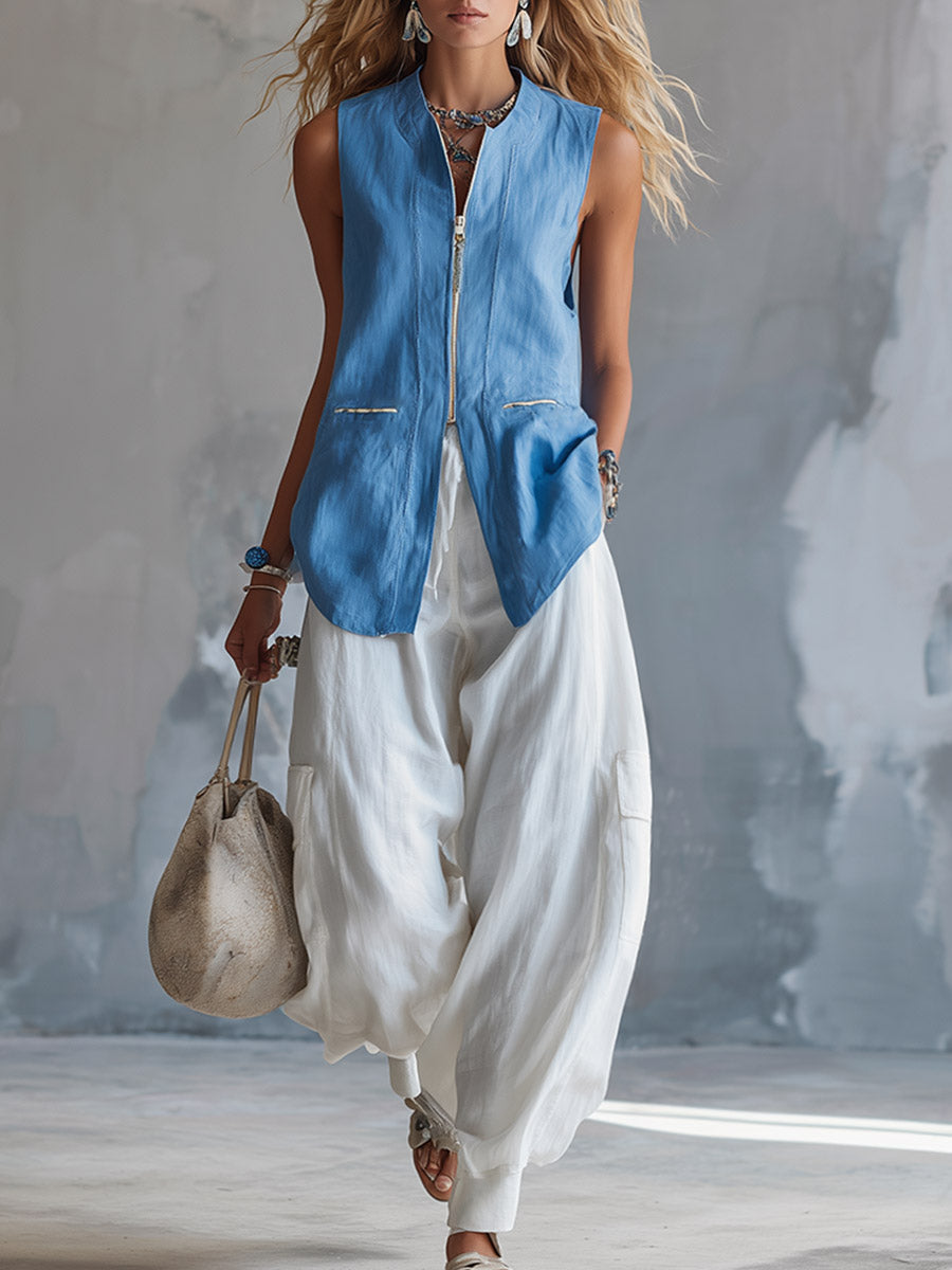 Stylish Casual Blue Vest &amp; White Cargo Pants Cotton-Linen Set