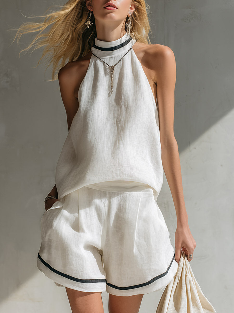 Elegant Minimalist Piping Detail White Halter-Neck Top &amp; Linen Shorts Set