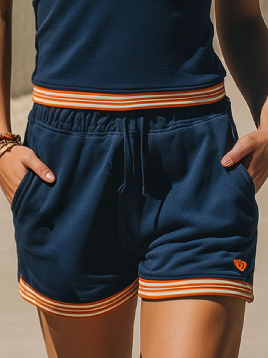 Sporty Retro Striped Navy Blue Cotton Sleeveless Zip-up Top And Shorts Set