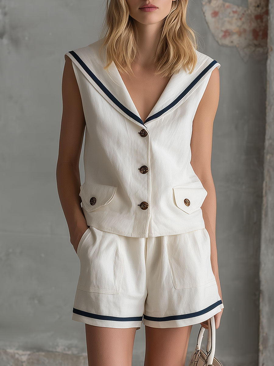 Casual Retro Color-blocked Ribbon White Collar Cotton Linen Shirt And Shorts Set