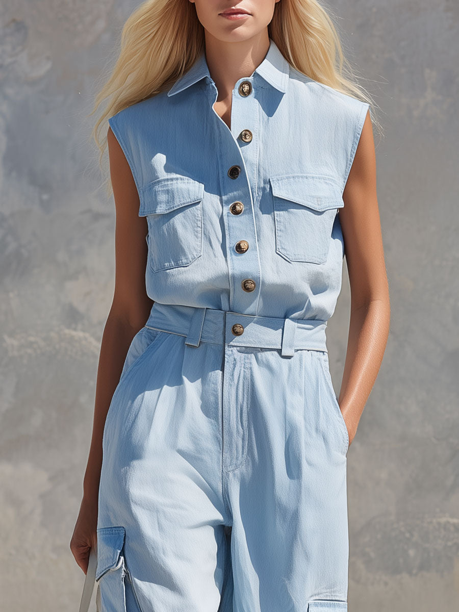 Casual Retro Blue Sleeveless Collared Cotton And Linen Shirt And Trousers Set