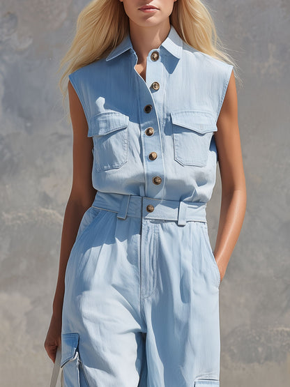 Casual Retro Blue Sleeveless Collared Cotton And Linen Shirt And Trousers Set