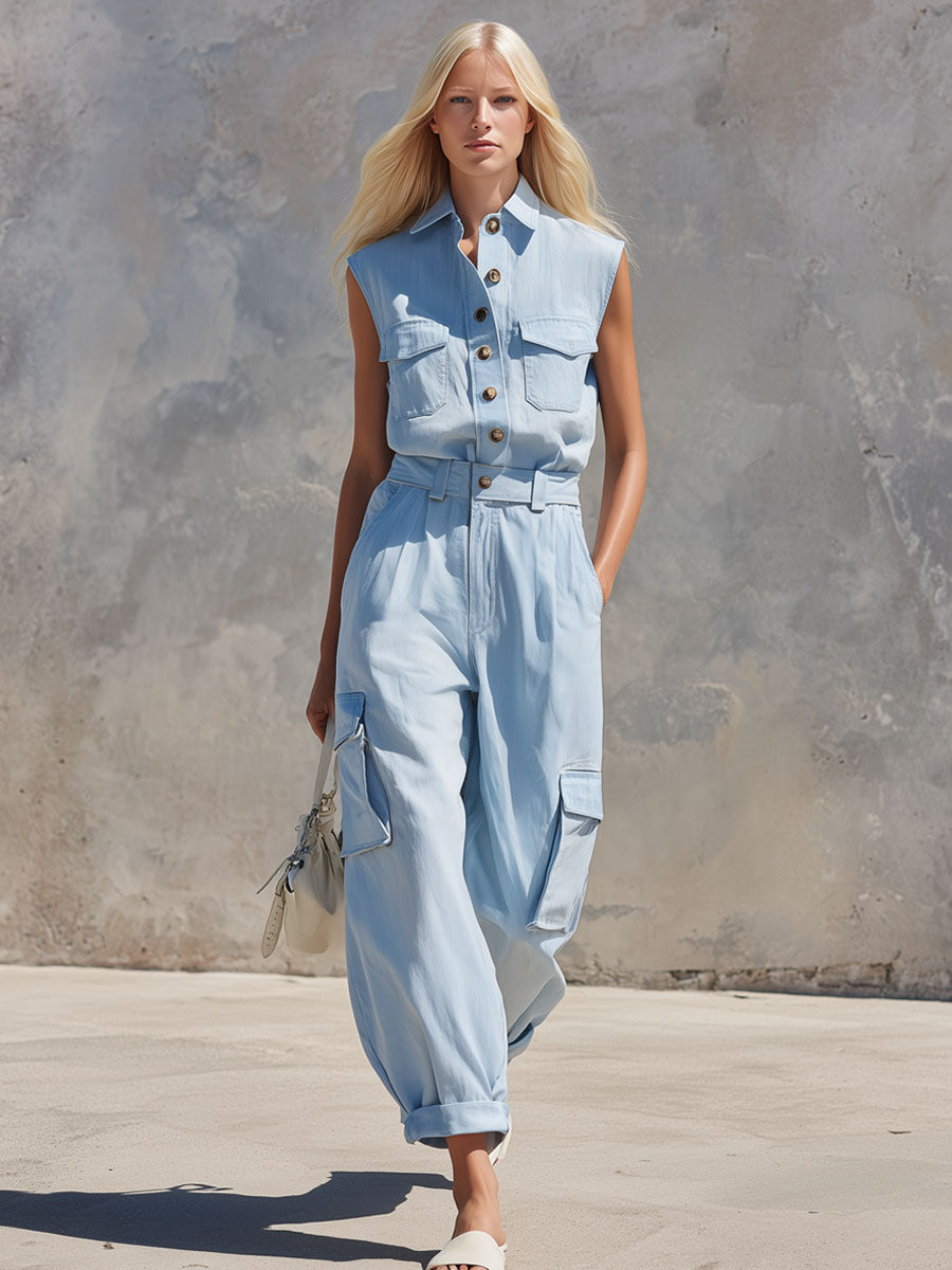 Casual Retro Blue Sleeveless Collared Cotton And Linen Shirt And Trousers Set