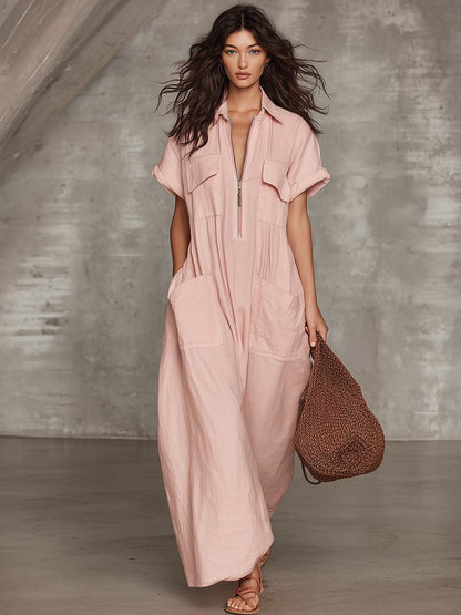 Refined Casual Laepl Front Zipper Light Pink Cotton-Linen Cargo Maxi Dress