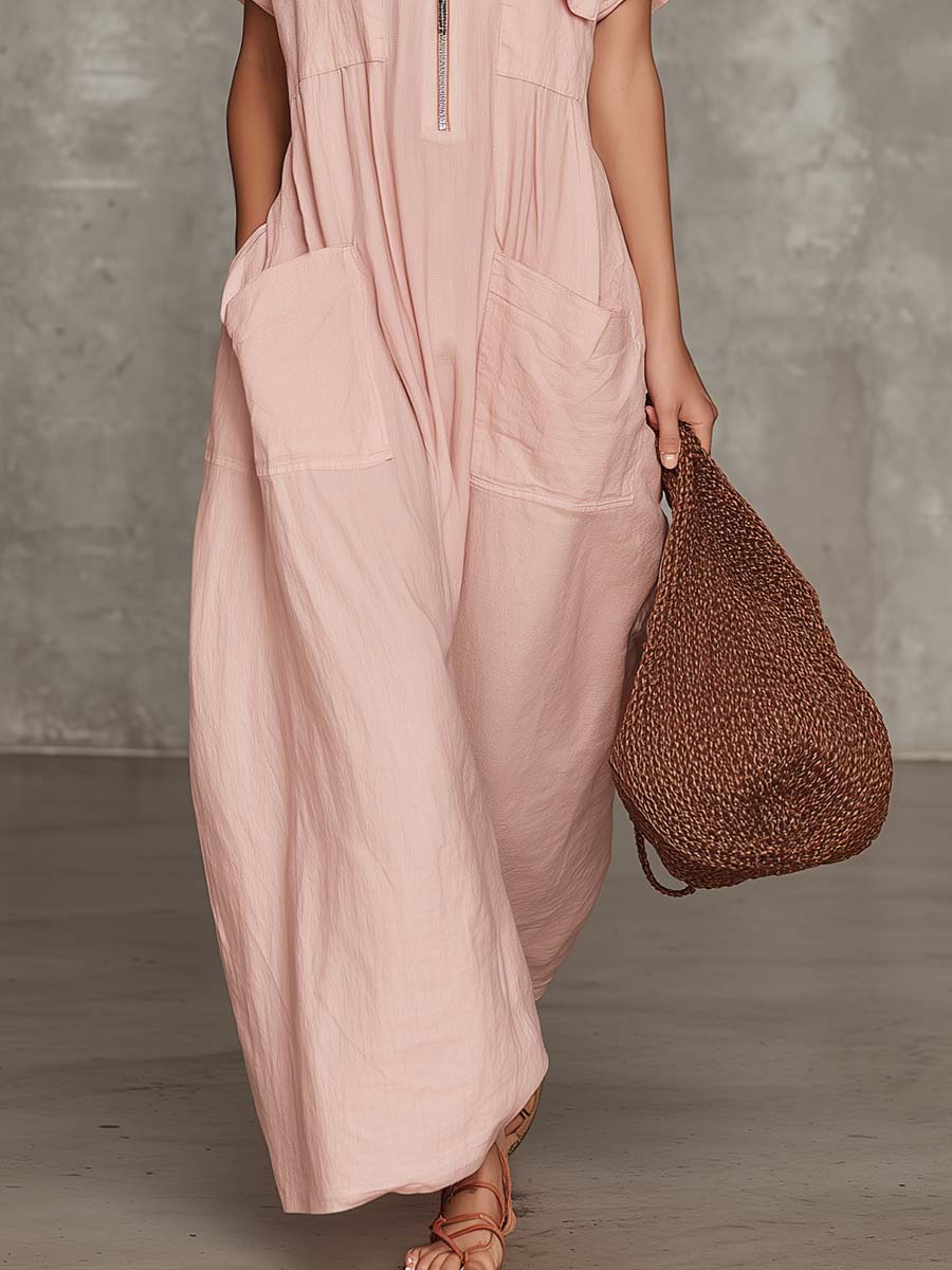 Refined Casual Laepl Front Zipper Light Pink Cotton-Linen Cargo Maxi Dress