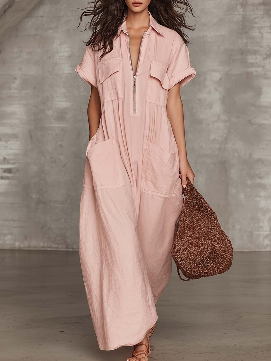Refined Casual Laepl Front Zipper Light Pink Cotton-Linen Cargo Maxi Dress