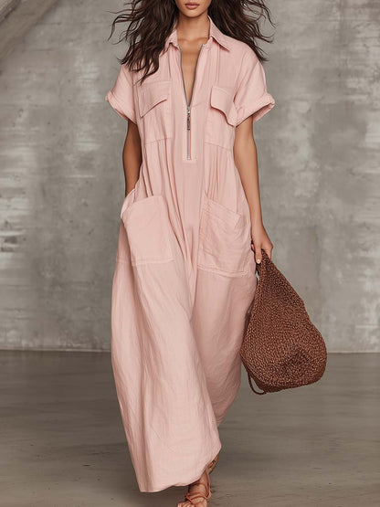 Refined Casual Laepl Front Zipper Light Pink Cotton-Linen Cargo Maxi Dress