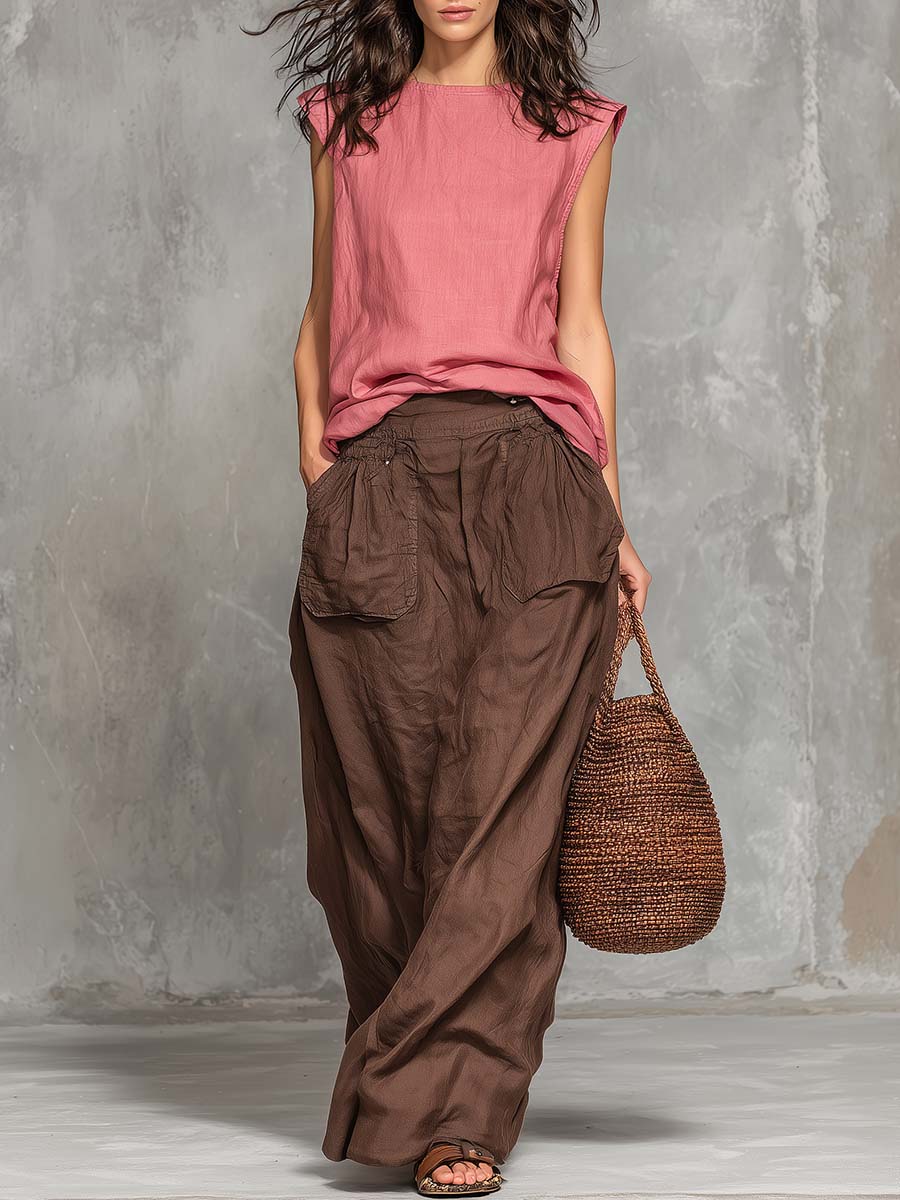 Casual And Relaxed Pink Cotton-Linen Top And Brown Cargo Skirt Set