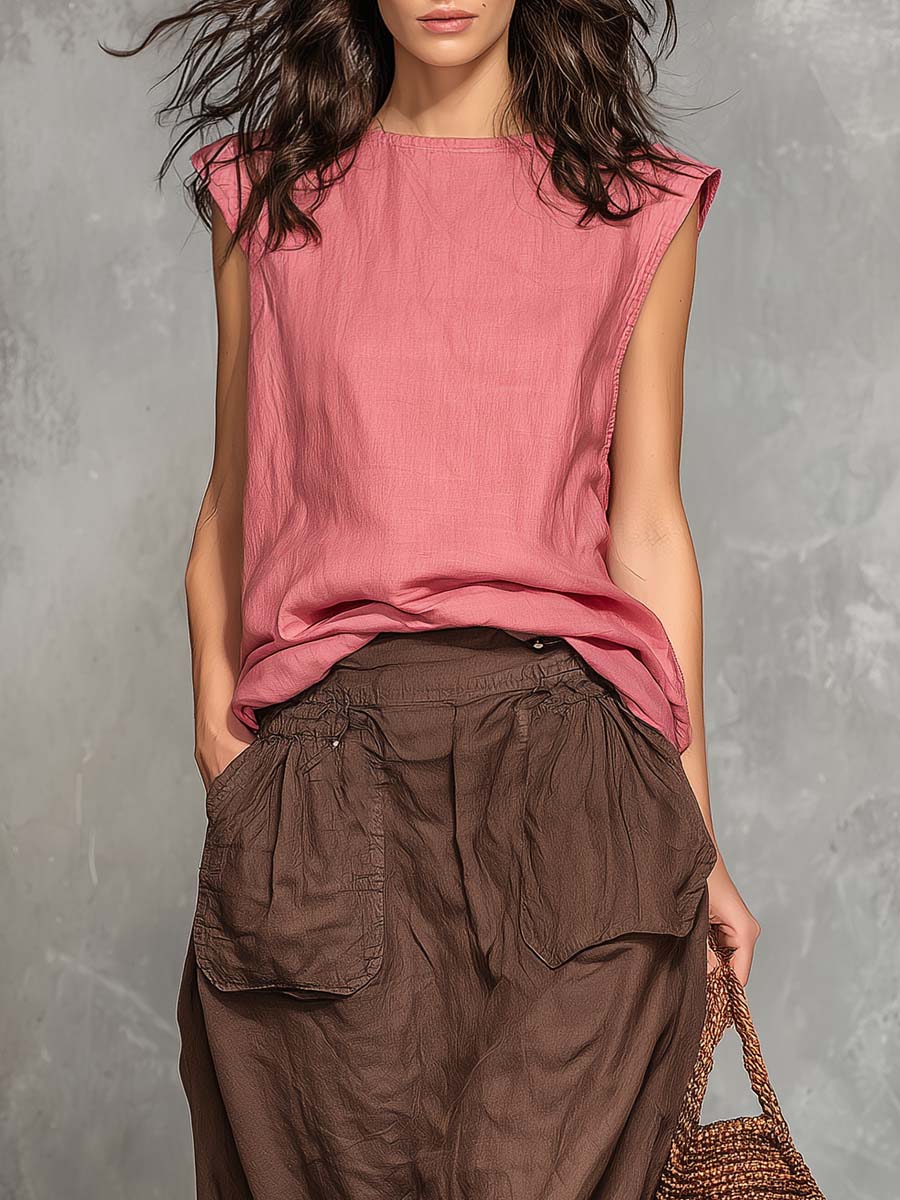 Casual And Relaxed Pink Cotton-Linen Top And Brown Cargo Skirt Set