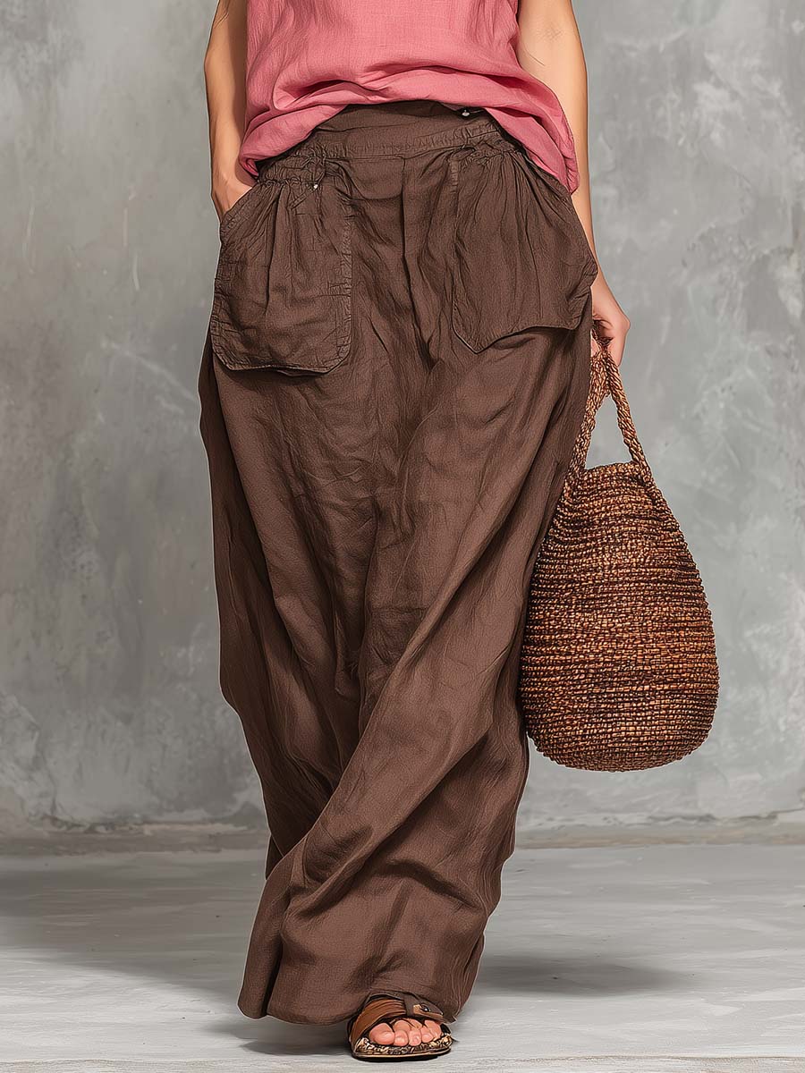 Casual And Relaxed Pink Cotton-Linen Top And Brown Cargo Skirt Set