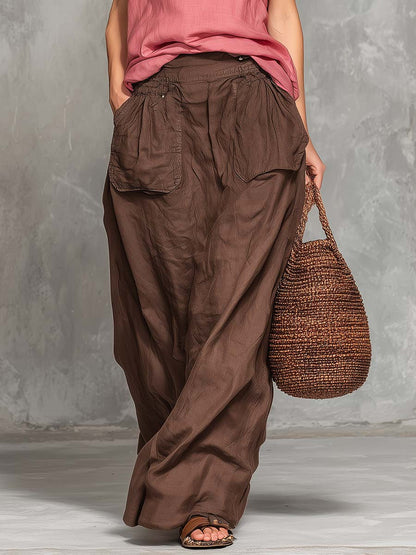 Casual And Relaxed Pink Cotton-Linen Top And Brown Cargo Skirt Set