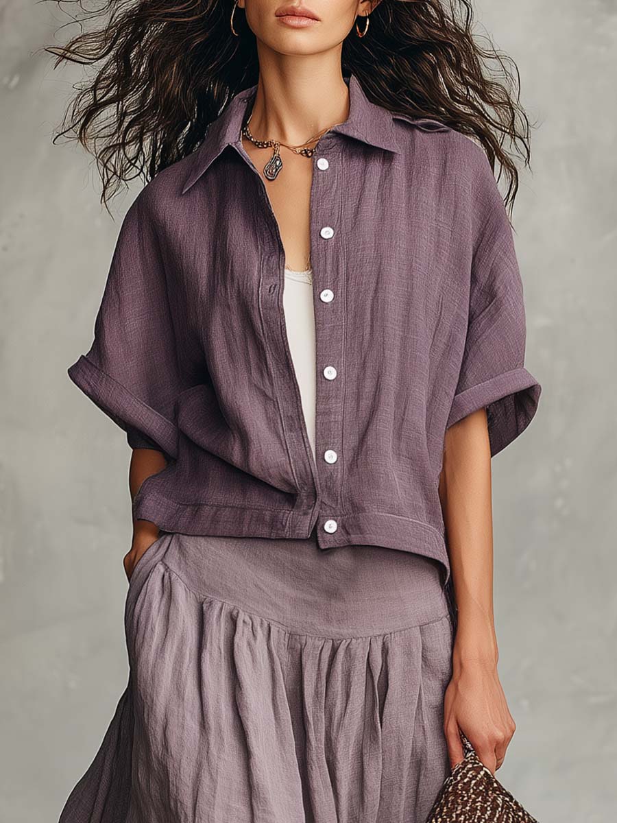Casual And Comfortable Grey-Purple Cotton-Linen Shirt And A-Line Skirt Set