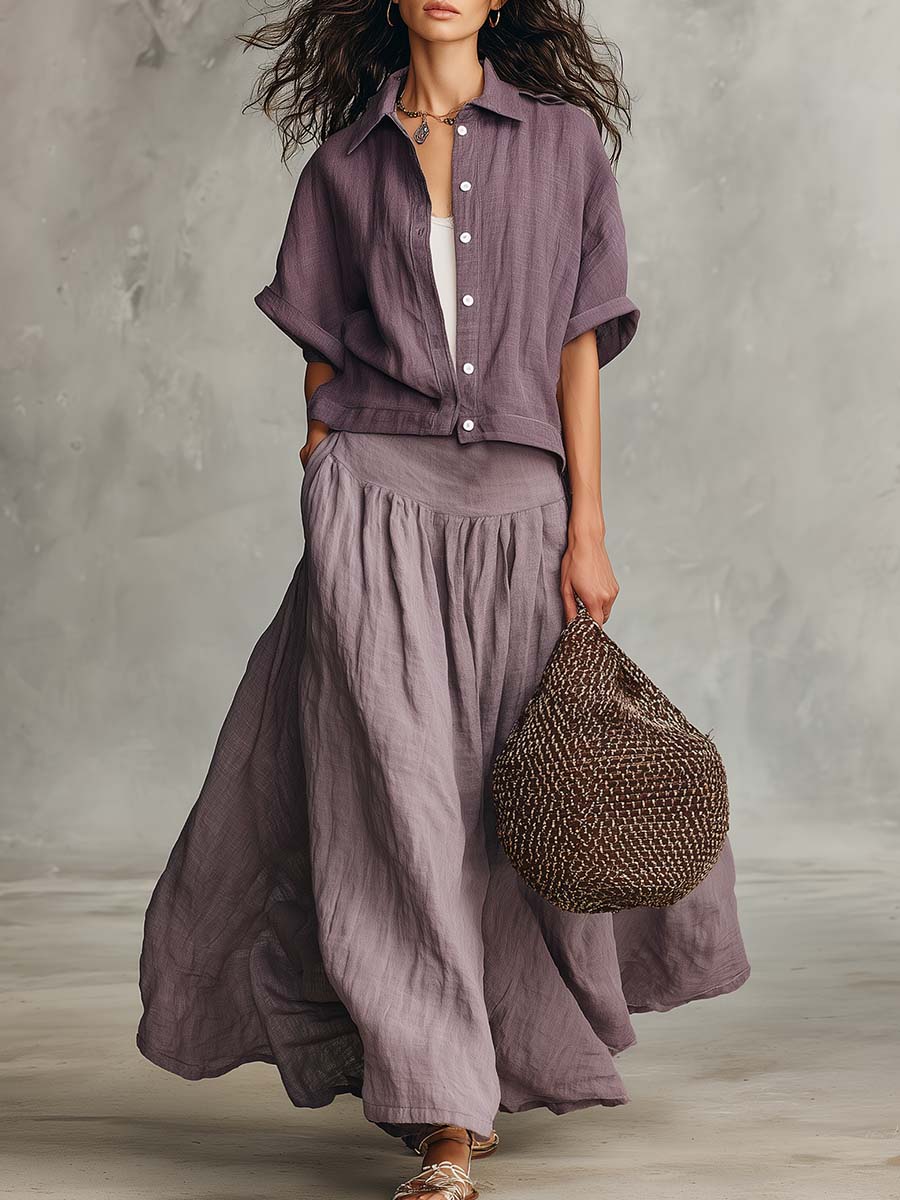 Casual And Comfortable Grey-Purple Cotton-Linen Shirt And A-Line Skirt Set