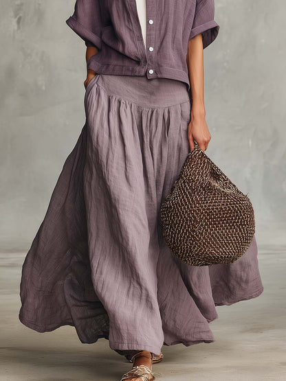 Casual And Comfortable Grey-Purple Cotton-Linen Shirt And A-Line Skirt Set