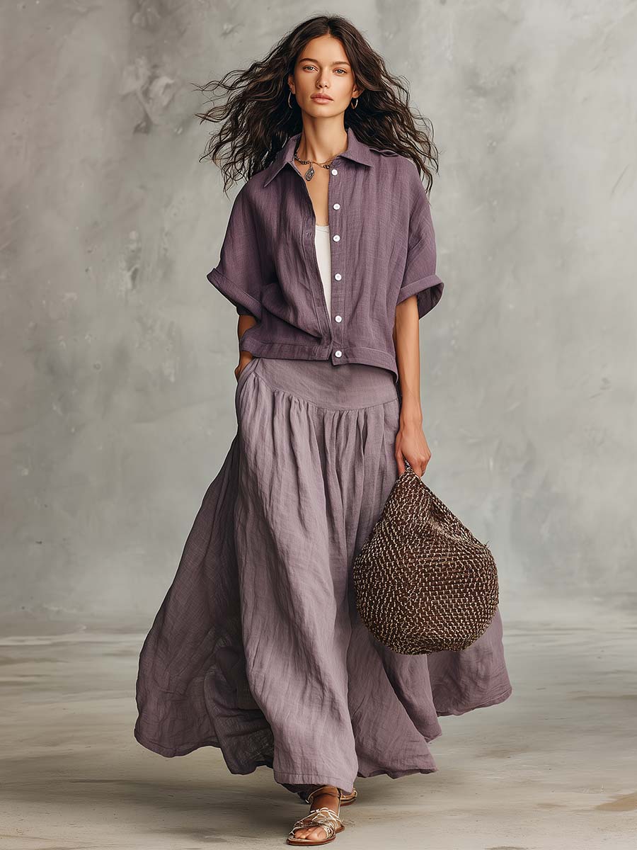 Casual And Comfortable Grey-Purple Cotton-Linen Shirt And A-Line Skirt Set
