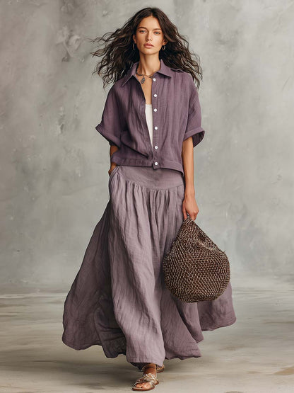 Casual And Comfortable Grey-Purple Cotton-Linen Shirt And A-Line Skirt Set