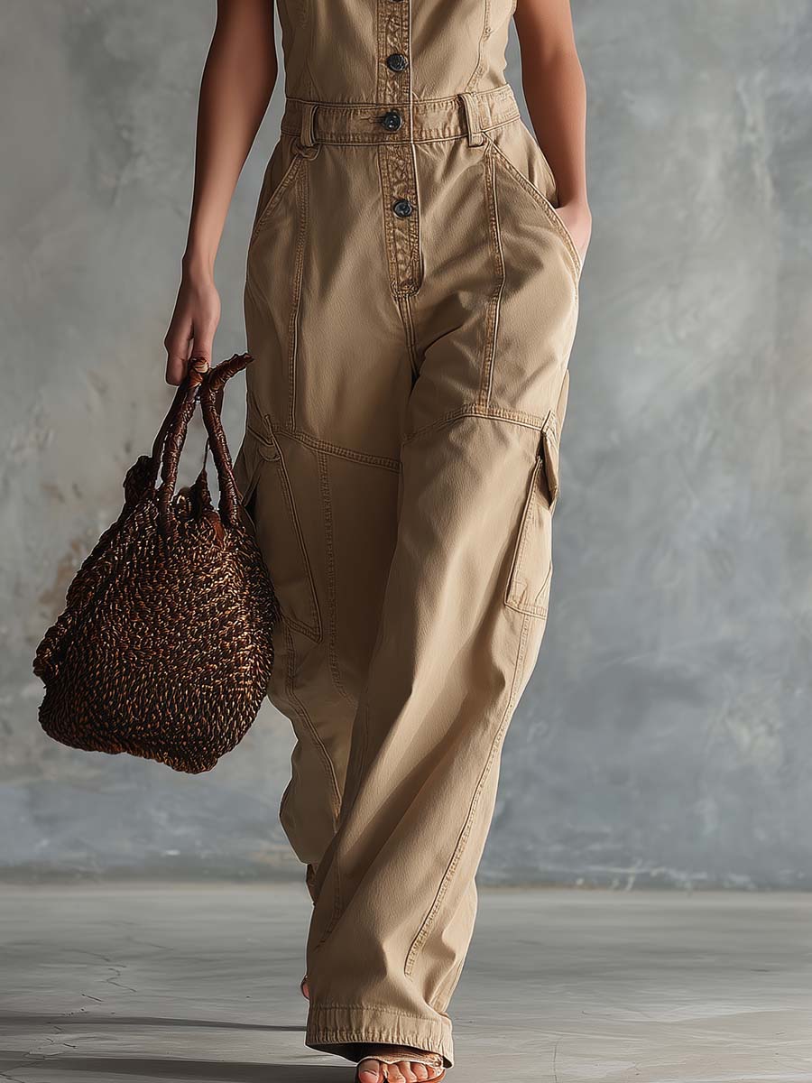 Retro Casual Square-Neck Front-Buttoned Desert-Hued Denim Overalls Jumpsuit