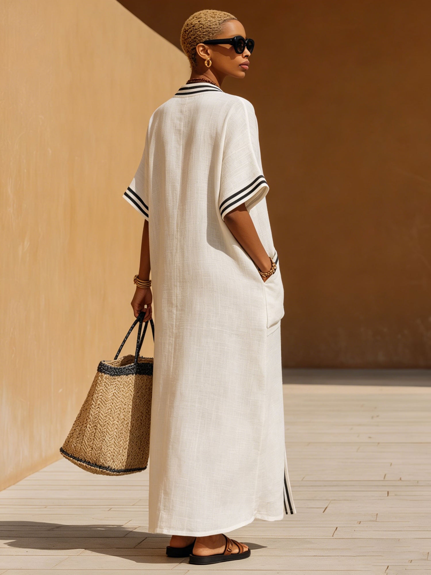 Casual Retro Black Striped White Cotton Linen Short-sleeved Maxi Dress