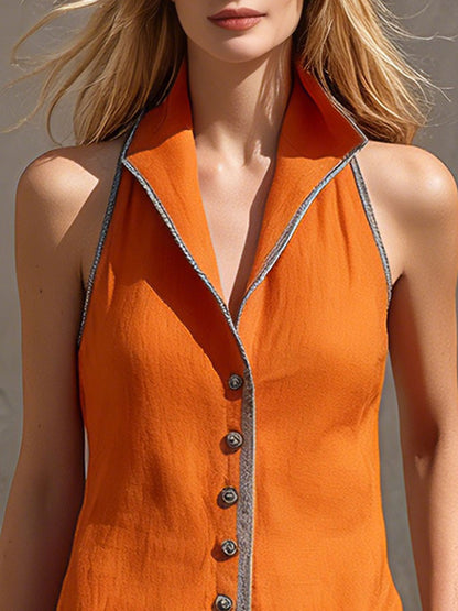 Casual Retro Orange Sleeveless Collared Cotton And Linen Shirt And Skirt Set