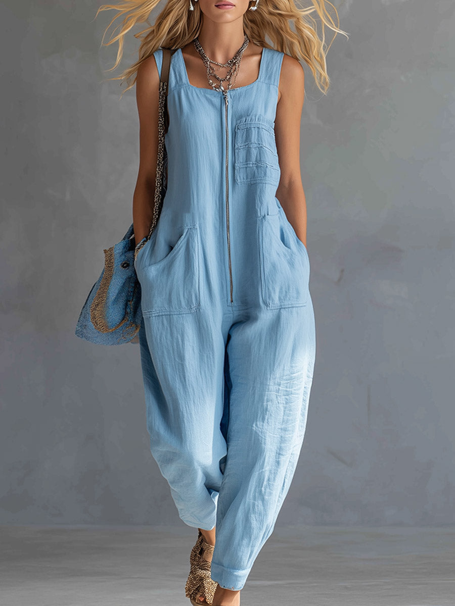 Casual &amp; Stylish Sky-Blue Multi-Pocket Cotton-Linen Jumpsuit