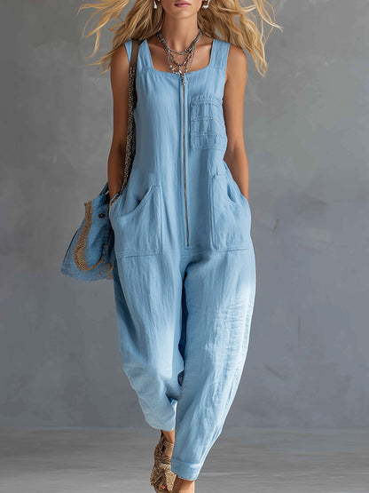 Casual &amp; Stylish Sky-Blue Multi-Pocket Cotton-Linen Jumpsuit