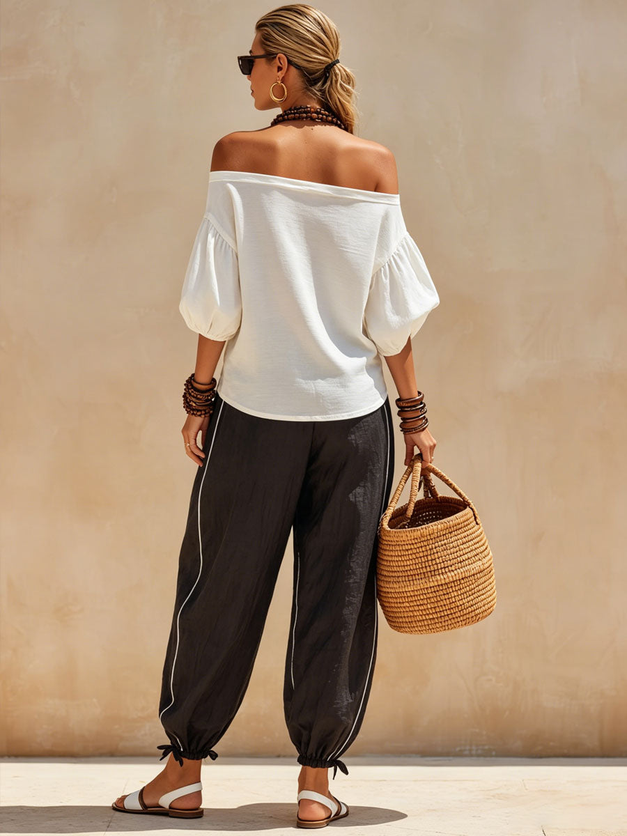 Casual Retro White Off-shoulder T-shirt And Black Striped Cotton-linen Pants Set