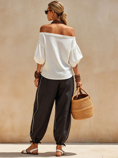 Casual Retro White Off-shoulder T-shirt And Black Striped Cotton-linen Pants Set