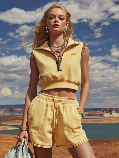 Sporty Retro Striped Light Yellow Cotton Sleeveless Zip-up Top And Shorts Set