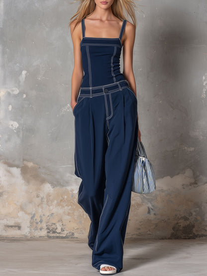 Casual Retro Blue Cotton Vest And Trousers Set