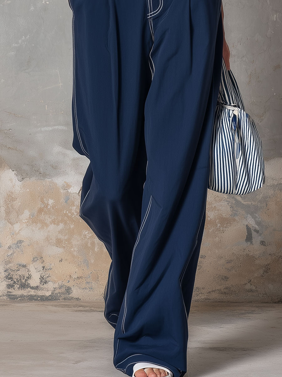 Casual Retro Blue Cotton Vest And Trousers Set