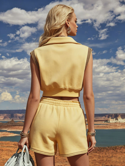 Sporty Retro Striped Light Yellow Cotton Sleeveless Zip-up Top And Shorts Set
