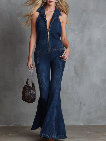 Elegant &amp; Minimalist Dark Blue Denim Flared Jumpsuit