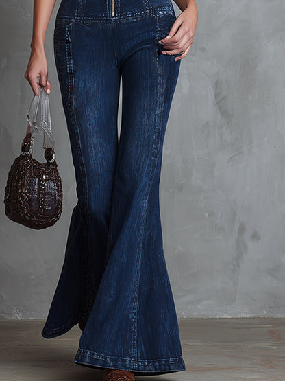 Elegant &amp; Minimalist Dark Blue Denim Flared Jumpsuit