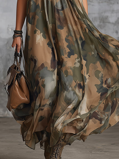 Chic And Elegant Green Camouflage Print Halter-neck Chiffon Maxi Dress
