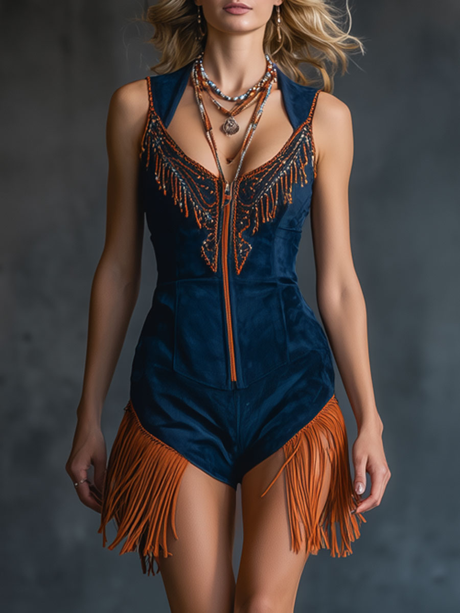 Western Retro Embroidered Orange Tassel Zipper Navy Blue Faux Suede Shorts Jumpsuit
