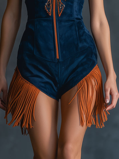 Western Retro Embroidered Orange Tassel Zipper Navy Blue Faux Suede Shorts Jumpsuit