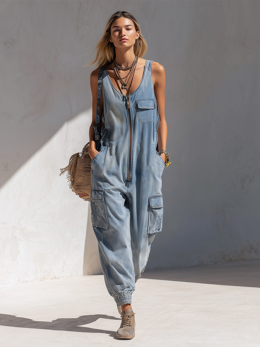 Stylish And Casual Light Blue Denim Multi-pocket Jumpsuit