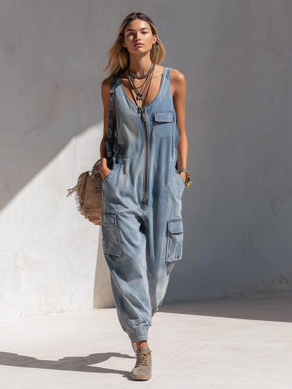 Stylish And Casual Light Blue Denim Multi-pocket Jumpsuit