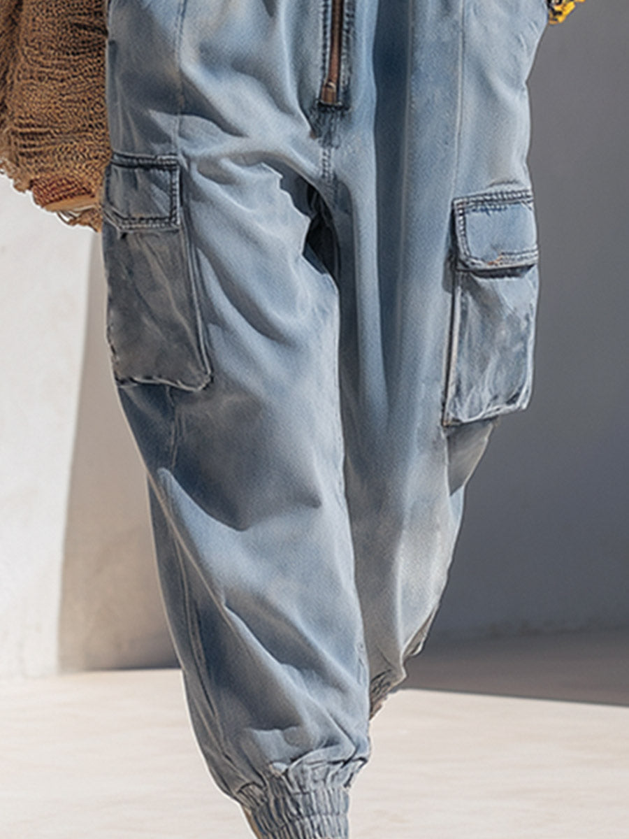 Stylish And Casual Light Blue Denim Multi-pocket Jumpsuit