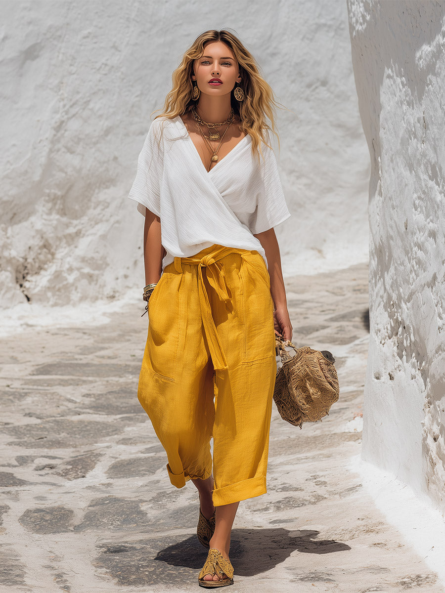 Retro-casual White Crinkled T-shirt And Bright Yellow Cropped Pants Cotton-linen Set