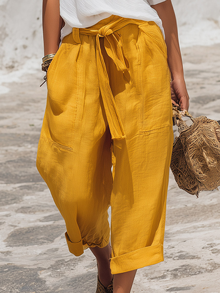 Retro-casual White Crinkled T-shirt And Bright Yellow Cropped Pants Cotton-linen Set