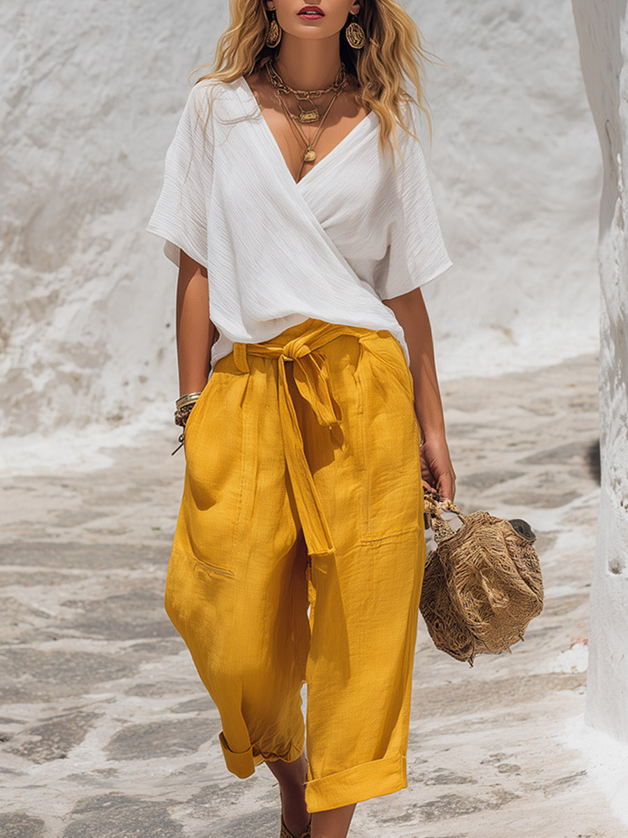 Retro-casual White Crinkled T-shirt And Bright Yellow Cropped Pants Cotton-linen Set
