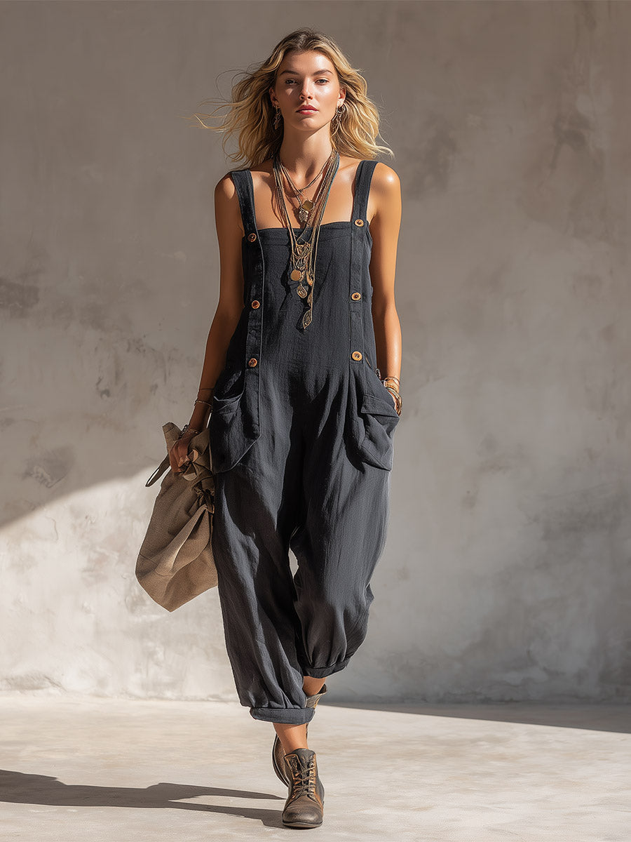 Casual Charcoal Cotton-Linen Square-Neck Button-Front Jumpsuit