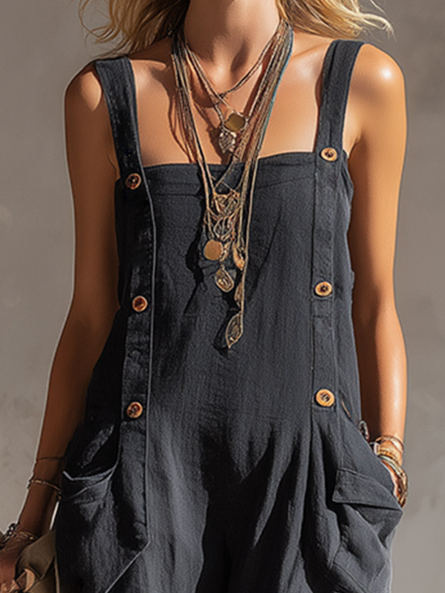 Casual Charcoal Cotton-Linen Square-Neck Button-Front Jumpsuit