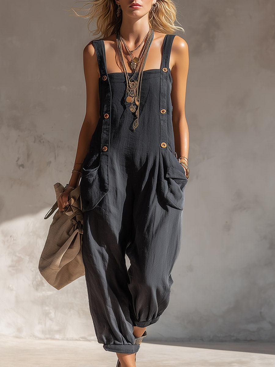 Casual Charcoal Cotton-Linen Square-Neck Button-Front Jumpsuit