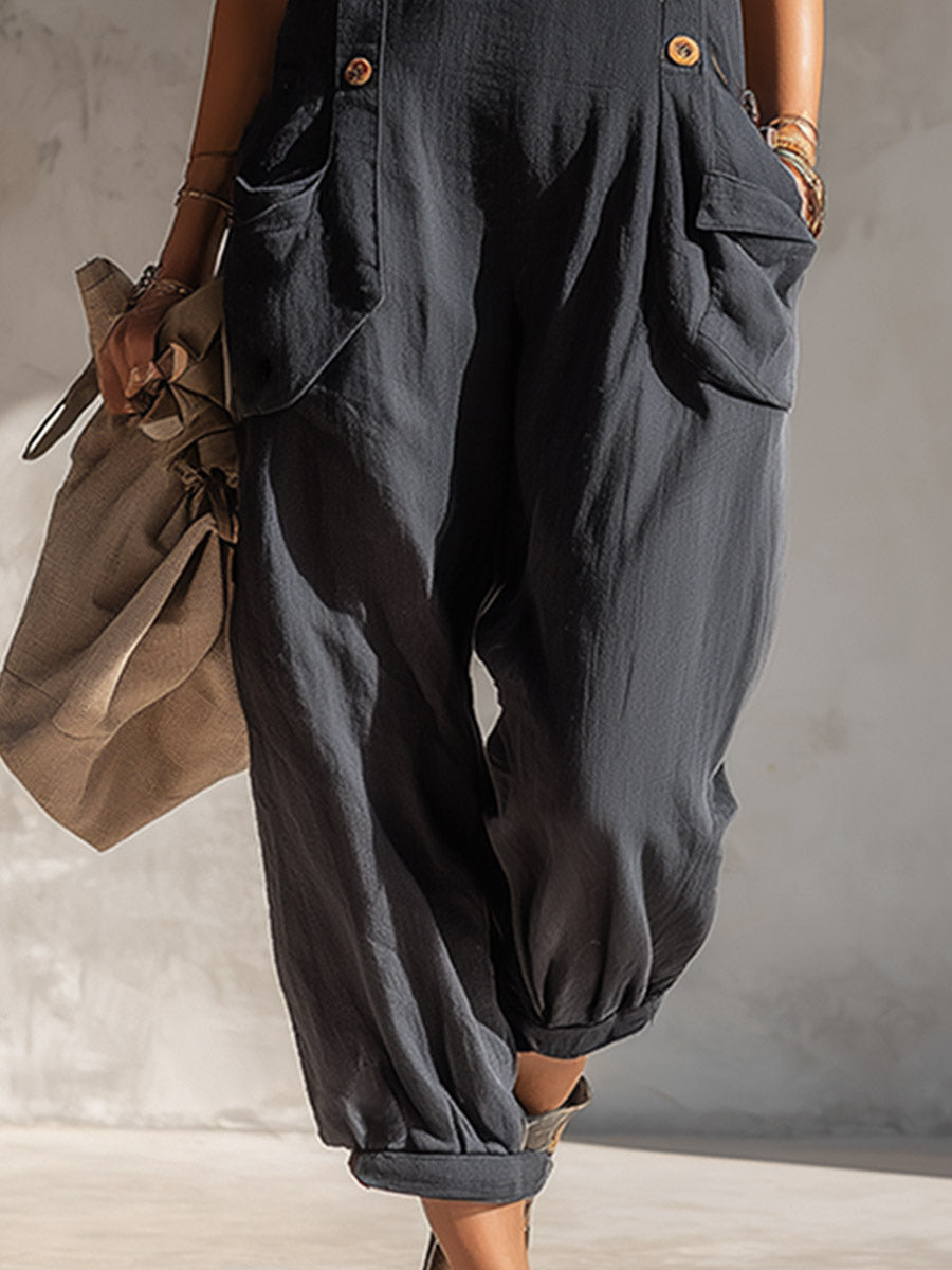 Casual Charcoal Cotton-Linen Square-Neck Button-Front Jumpsuit