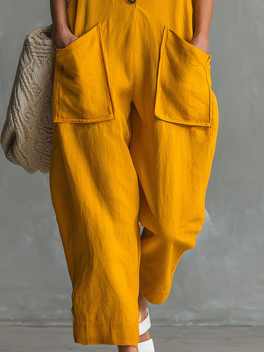 Casual Retro Color-blocked Yellow Sleeveless Button Cotton-linen Jumpsuit