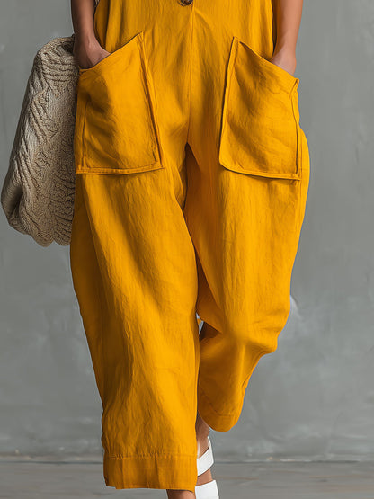 Casual Retro Color-blocked Yellow Sleeveless Button Cotton-linen Jumpsuit